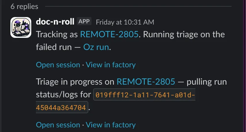 A Slack thread where the Warp Factories app replies with tracking and triage progress updates, including links to open the session and view it in the factory.